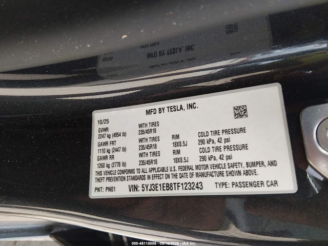 Продаж на аукціоні авто 2026 Tesla Model 3 Premium All-wheel Drive, vin: 5YJ3E1EB8TF123243, номер лоту: 46118886