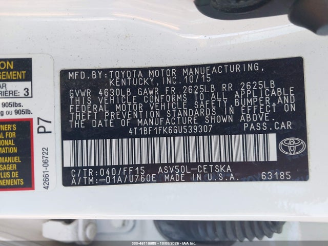 46118888 :رقم المزاد ، 4T1BF1FK6GU539307 vin ، 2016 Toyota Camry Se مزاد بيع