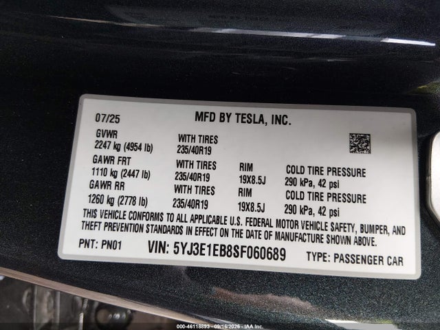 Aukcja sprzedaży 2025 Tesla Model 3 Long Range All-wheel Drive, vin: 5YJ3E1EB8SF060689, numer aukcji: 46118893