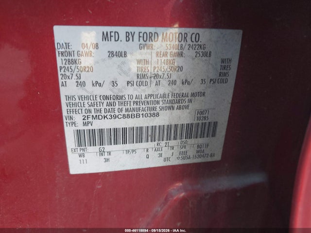 46118894 :رقم المزاد ، 2FMDK39C88BB10388 vin ، 2008 Ford Edge Limited مزاد بيع