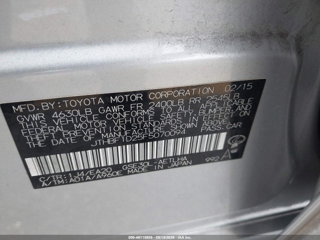 Продаж на аукціоні авто 2015 Lexus Is 250, vin: JTHBF1D25F5070094, номер лоту: 46118905
