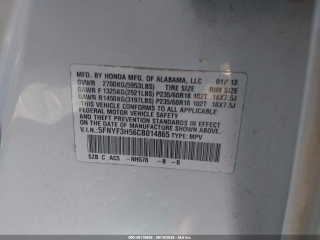 2012 Honda Pilot Ex-l მანქანა იყიდება აუქციონზე, vin: 5FNYF3H56CB014865, აუქციონის ნომერი: 46118908