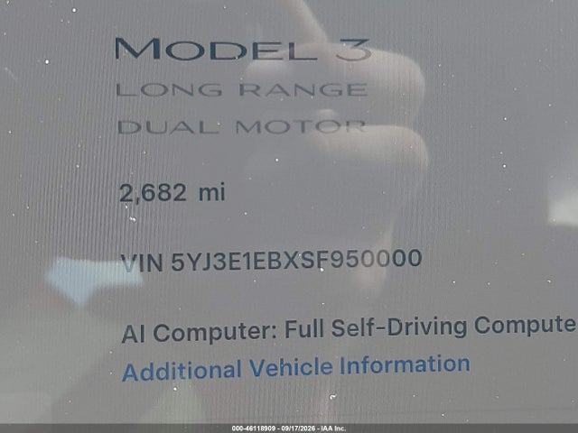 Продажа на аукционе авто 2025 Tesla Model 3 Long Range All-wheel Drive, vin: 5YJ3E1EBXSF950000, номер лота: 46118909