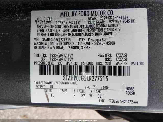 Aukcja sprzedaży 2012 Ford Fusion Sel, vin: 3FAHP0JG5CR277215, numer aukcji: 46118913