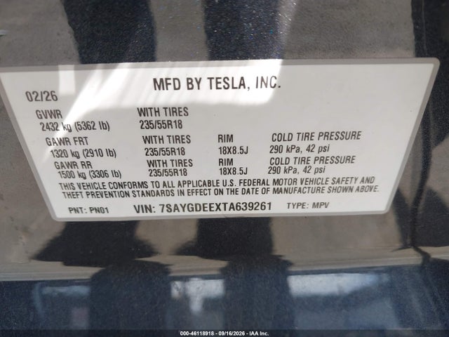 Aukcja sprzedaży 2026 Tesla Model Y All-wheel Drive/long Range Launch Series/premium All-wheel Drive, vin: 7SAYGDEEXTA639261, numer aukcji: 46118918