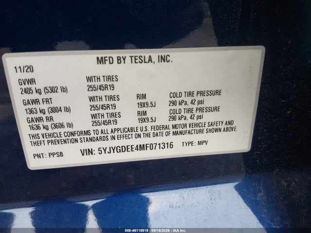 46118919 :رقم المزاد ، 5YJYGDEE4MF071316 vin ، 2021 Tesla Model Y Long Range Dual Motor All-wheel Drive مزاد بيع