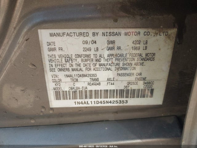 Aukcja sprzedaży 2005 Nissan Altima 2.5 S, vin: 1N4AL11D45N425353, numer aukcji: 46118925