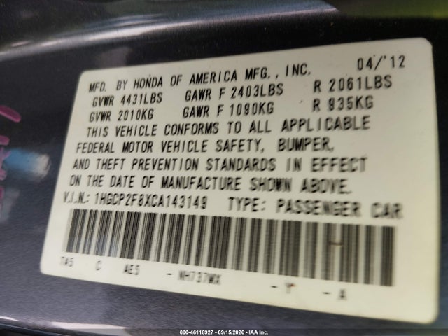 2012 Honda Accord 2.4 Ex-l მანქანა იყიდება აუქციონზე, vin: 1HGCP2F8XCA143149, აუქციონის ნომერი: 46118927