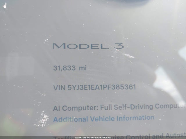 Продажа на аукционе авто 2023 Tesla Model 3 Rear-wheel Drive, vin: 5YJ3E1EA1PF385361, номер лота: 46118930
