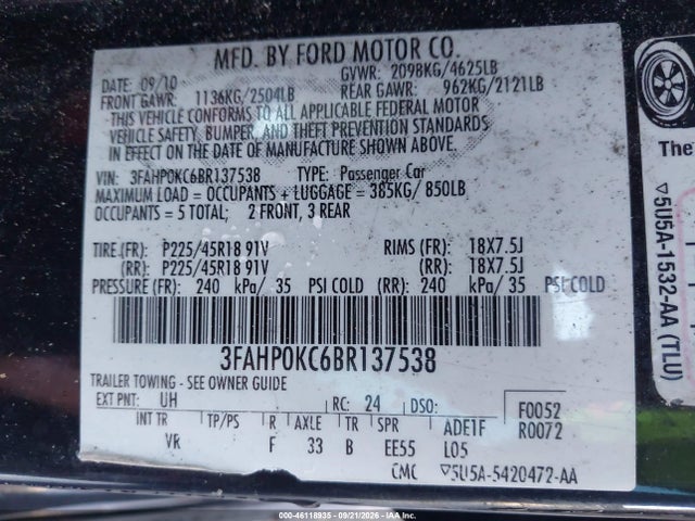 46118935 :رقم المزاد ، 3FAHP0KC6BR137538 vin ، 2011 Ford Fusion Sport مزاد بيع