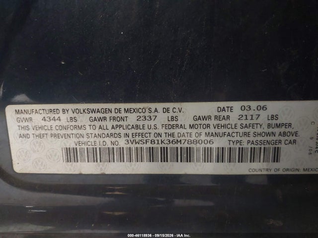 Aukcja sprzedaży 2006 Volkswagen Jetta 2.5, vin: 3VWSF81K36M788006, numer aukcji: 46118936