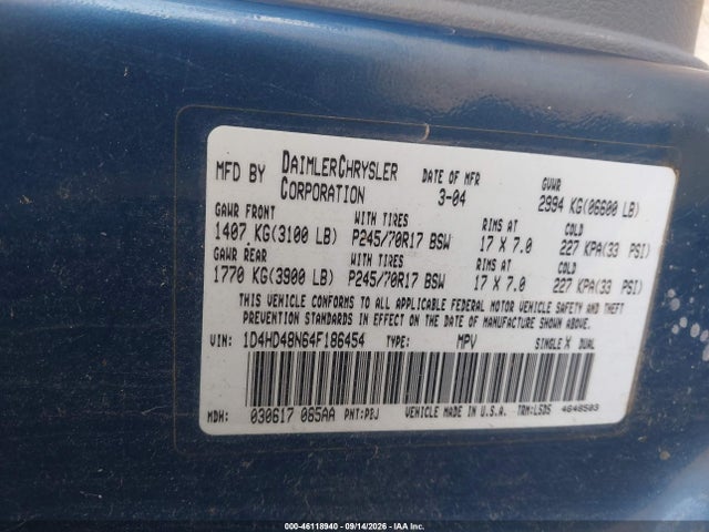 46118940 :رقم المزاد ، 1D4HD48N64F186454 vin ، 2004 Dodge Durango Slt مزاد بيع