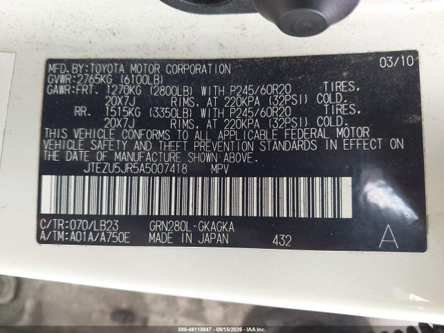 Aukcja sprzedaży 2010 Toyota 4runner Limited V6, vin: JTEZU5JR5A5007418, numer aukcji: 46118947