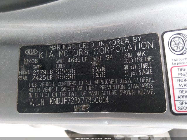 46118954 :رقم المزاد ، KNDJF723X77350014 vin ، 2007 Kia Sportage Lx V6 مزاد بيع