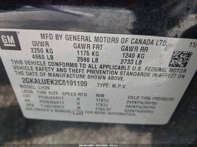 2012 Gmc Terrain Slt-1 მანქანა იყიდება აუქციონზე, vin: 2GKALUEK2C6191109, აუქციონის ნომერი: 46118961