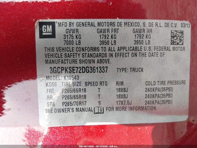 Aukcja sprzedaży 2013 Chevrolet Silverado 1500 Lt, vin: 3GCPKSE72DG361337, numer aukcji: 46118990