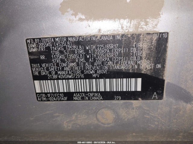 46118993 :رقم المزاد ، 2T3BF4DV0AW072916 vin ، 2010 Toyota Rav4 مزاد بيع