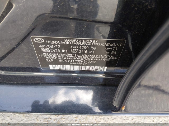 2013 Hyundai Sonata Limited მანქანა იყიდება აუქციონზე, vin: 5NPEC4AC0DH543242, აუქციონის ნომერი: 46119008