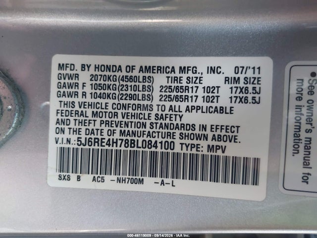 Продажа на аукционе авто 2011 Honda Cr-v Ex-l, vin: 5J6RE4H78BL084100, номер лота: 46119009