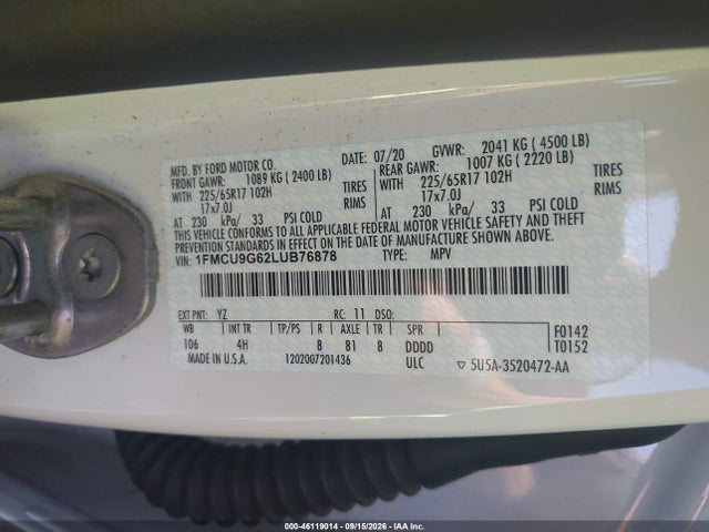 Aukcja sprzedaży 2020 Ford Escape Se, vin: 1FMCU9G62LUB76878, numer aukcji: 46119014