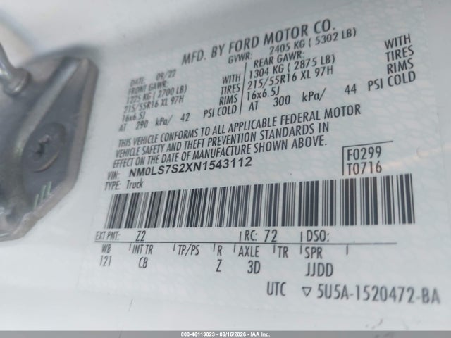 Продажа на аукционе авто 2022 Ford Transit Connect Xl, vin: NM0LS7S2XN1543112, номер лота: 46119023