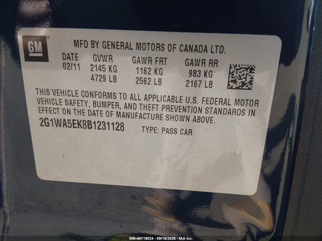 46119024 :رقم المزاد ، 2G1WA5EK8B1231128 vin ، 2011 Chevrolet Impala Ls مزاد بيع