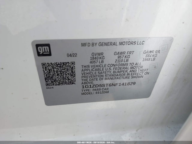 Aukcja sprzedaży 2022 Chevrolet Malibu Fwd Lt, vin: 1G1ZD5ST6NF141829, numer aukcji: 46119026