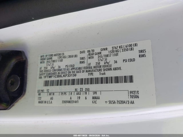Aukcja sprzedaży 2020 Ford F-150 Xl, vin: 1FTMF1CB8LKF33130, numer aukcji: 46119028