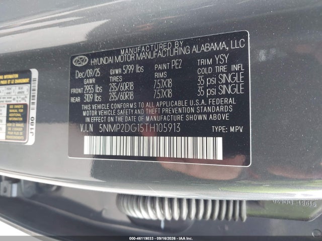 Продажа на аукционе авто 2026 Hyundai Santa Fe Hybrid Sel, vin: 5NMP2DG15TH105913, номер лота: 46119033