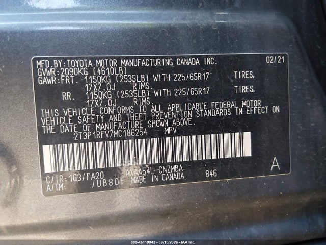 46119043 :رقم المزاد ، 2T3P1RFV7MC186254 vin ، 2021 Toyota Rav4 Xle مزاد بيع