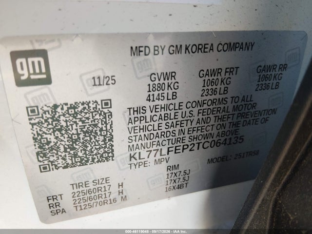 Aukcja sprzedaży 2026 Chevrolet Trax Fwd Ls, vin: KL77LFEP2TC064135, numer aukcji: 46119048