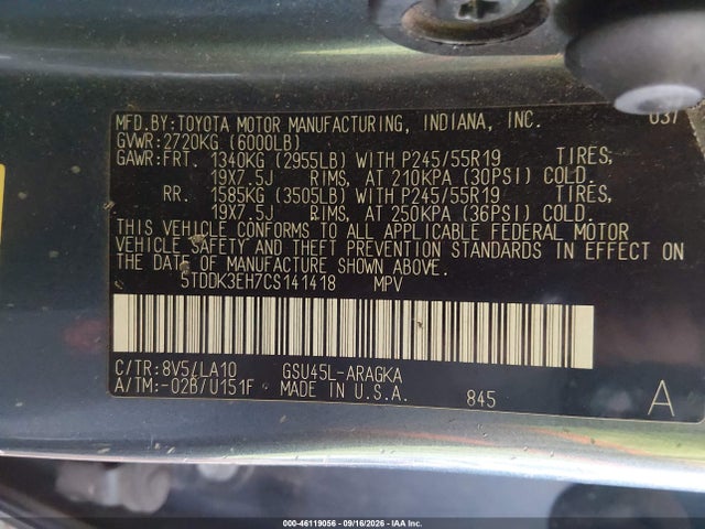 46119056 :رقم المزاد ، 5TDDK3EH7CS141418 vin ، 2012 Toyota Highlander Limited V6 مزاد بيع