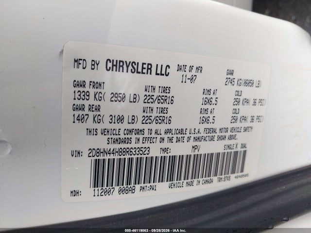 2008 Dodge Grand Caravan Se მანქანა იყიდება აუქციონზე, vin: 2D8HN44H88R633523, აუქციონის ნომერი: 46119063