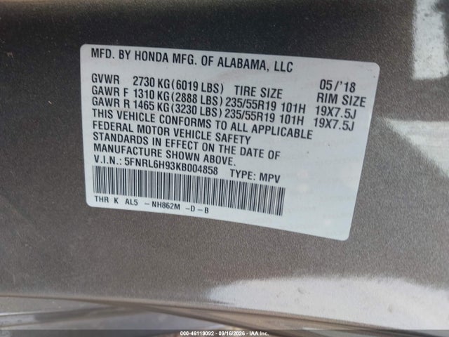 2019 Honda Odyssey Elite მანქანა იყიდება აუქციონზე, vin: 5FNRL6H93KB004858, აუქციონის ნომერი: 46119092