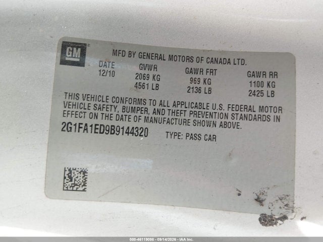 46119098 :رقم المزاد ، 2G1FA1ED9B9144320 vin ، 2011 Chevrolet Camaro 2ls مزاد بيع