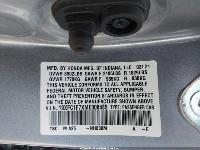 46119107 :رقم المزاد ، 19XFC1F7XME008485 vin ، 2021 Honda Civic Ex-l مزاد بيع