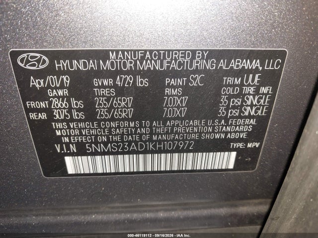 Продаж на аукціоні авто 2019 Hyundai Santa Fe Se, vin: 5NMS23AD1KH107972, номер лоту: 46119112