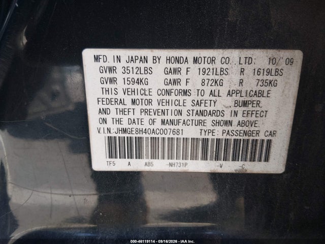 2010 Honda Fit Sport მანქანა იყიდება აუქციონზე, vin: JHMGE8H40AC007681, აუქციონის ნომერი: 46119114