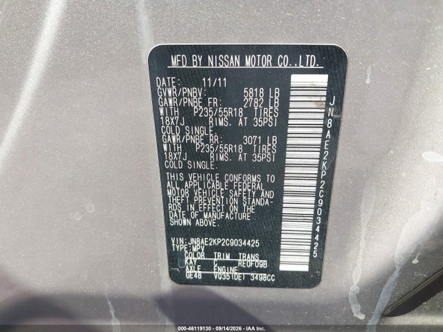 Продаж на аукціоні авто 2012 Nissan Quest Sl, vin: JN8AE2KP2C9034425, номер лоту: 46119130