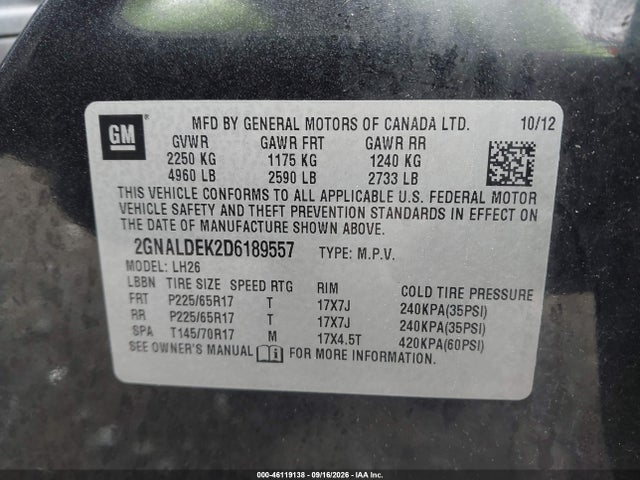 46119138 :رقم المزاد ، 2GNALDEK2D6189557 vin ، 2013 Chevrolet Equinox 1lt مزاد بيع