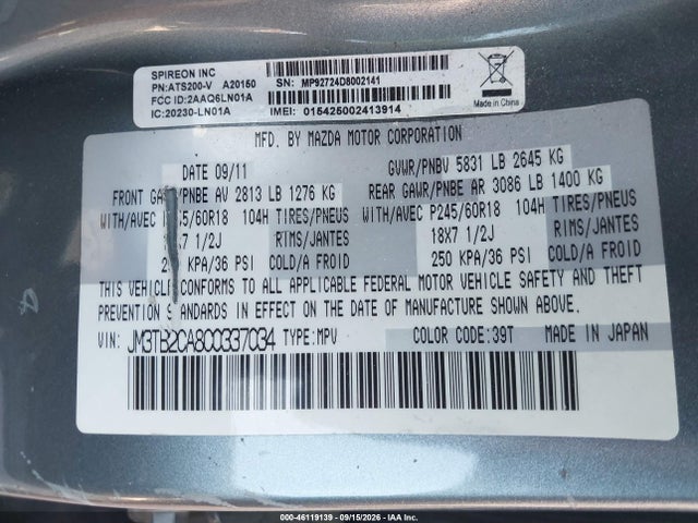 Aukcja sprzedaży 2012 Mazda Cx-9 Touring, vin: JM3TB2CA8C0337034, numer aukcji: 46119139