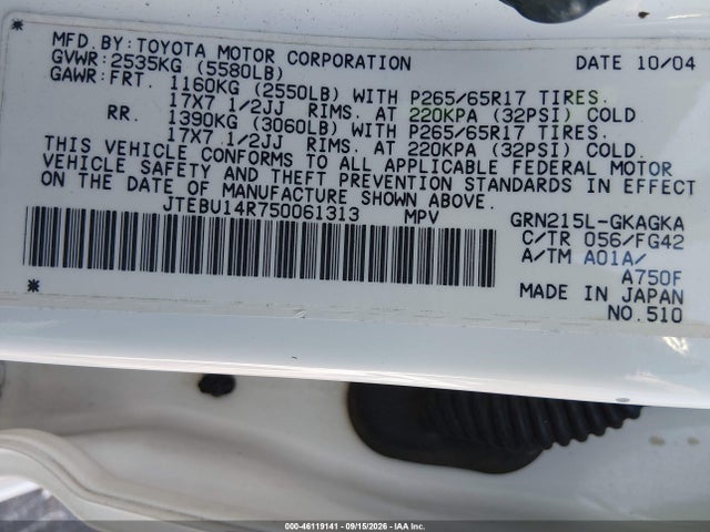 46119141 :رقم المزاد ، JTEBU14R750061313 vin ، 2005 Toyota 4runner Sr5 V6 مزاد بيع