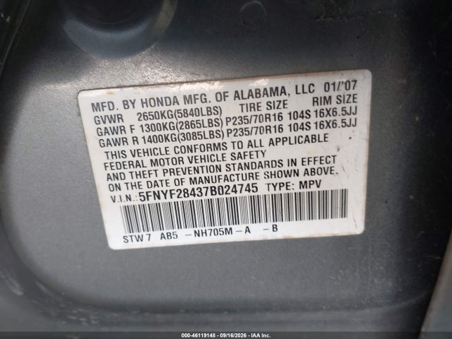 Продажа на аукционе авто 2007 Honda Pilot Ex, vin: 5FNYF28437B024745, номер лота: 46119148