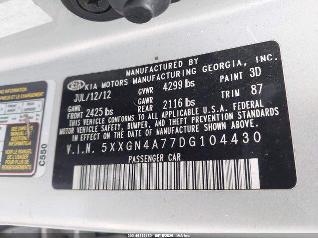 Продаж на аукціоні авто 2013 Kia Optima Ex, vin: 5XXGN4A77DG104430, номер лоту: 46119150