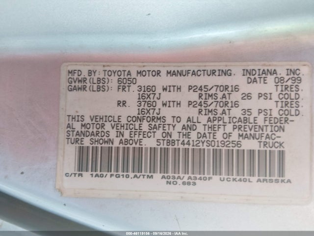 Aukcja sprzedaży 2000 Toyota Tundra Sr5 V8, vin: 5TBBT4412YS019256, numer aukcji: 46119156