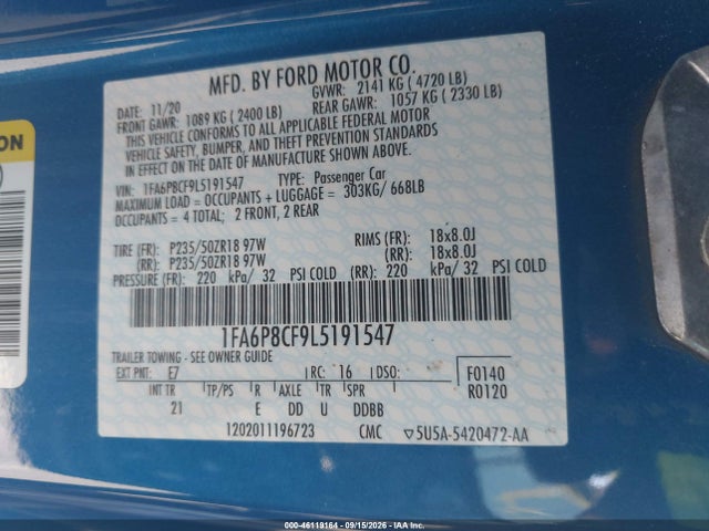 Продаж на аукціоні авто 2020 Ford Mustang Gt Fastback, vin: 1FA6P8CF9L5191547, номер лоту: 46119164