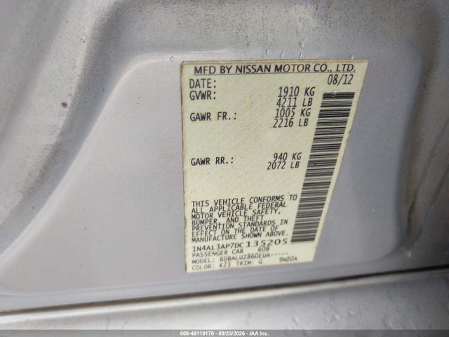 2013 Nissan Altima 2.5 Sv მანქანა იყიდება აუქციონზე, vin: 1N4AL3AP7DC135205, აუქციონის ნომერი: 46119170