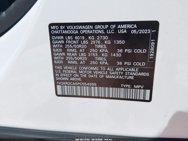 46119192 :رقم المزاد ، 1V2KR2CA5PC554995 vin ، 2023 Volkswagen Atlas 3.6l V6 Se W/technology مزاد بيع