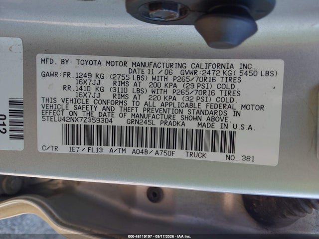 Aukcja sprzedaży 2007 Toyota Tacoma Base V6, vin: 5TELU42NX7Z359304, numer aukcji: 46119197