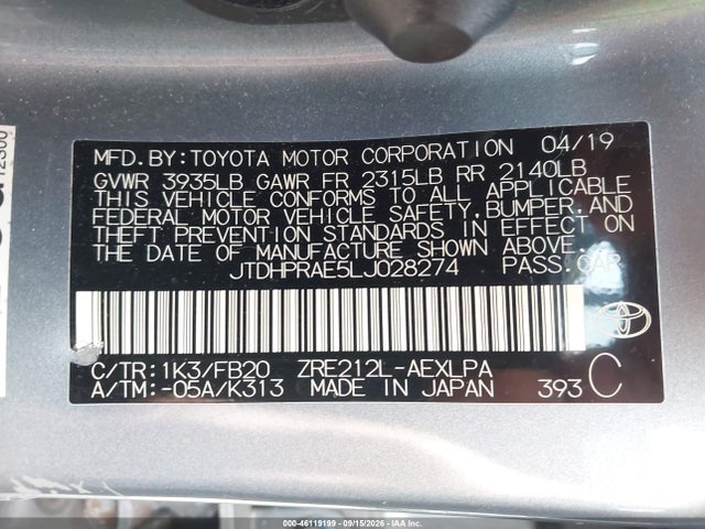 Продажа на аукционе авто 2020 Toyota Corolla Le, vin: JTDHPRAE5LJ028274, номер лота: 46119199